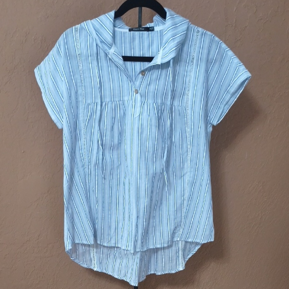 Doe & Rae Blue and White Striped Hoodie Top Short Sleeves Size S